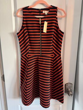 Michael Kors Sleeveless Orange and Navy Striped Fit-and-Flare Dress